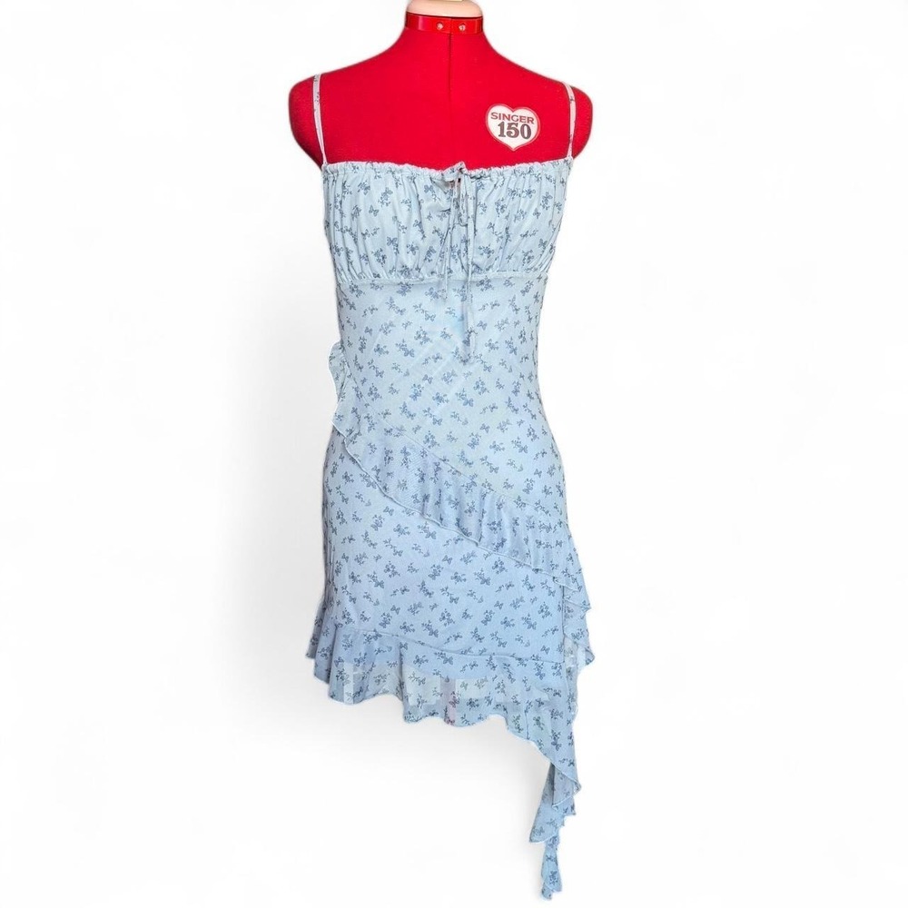 Aeropostale Blue Butterfly Ruffle Milkmaid Mini Dress Y2K Jellyfish Hem Medium